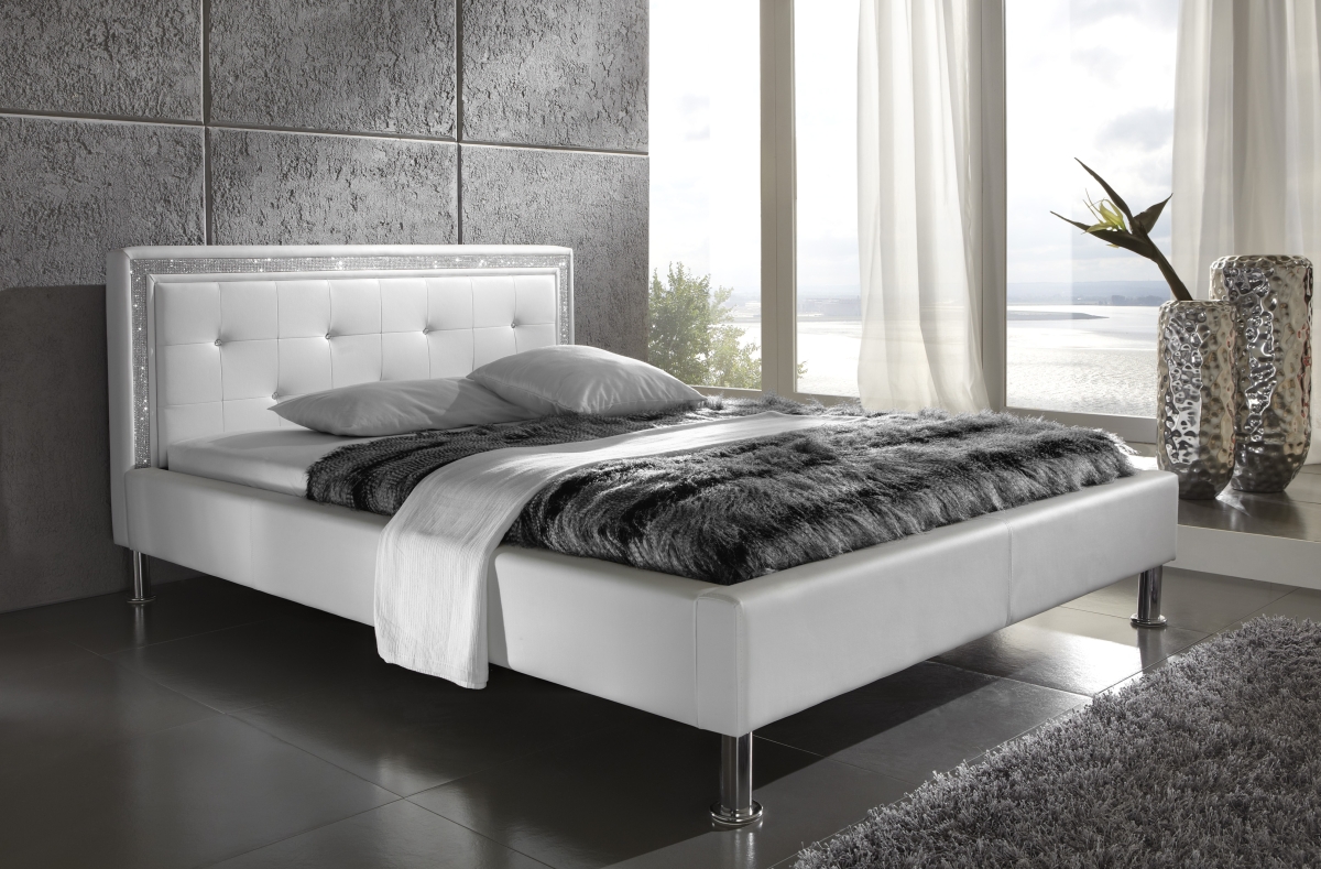 Design Polsterbett / Lederbett "Simba" Leder Bett schwarz Strasssteine