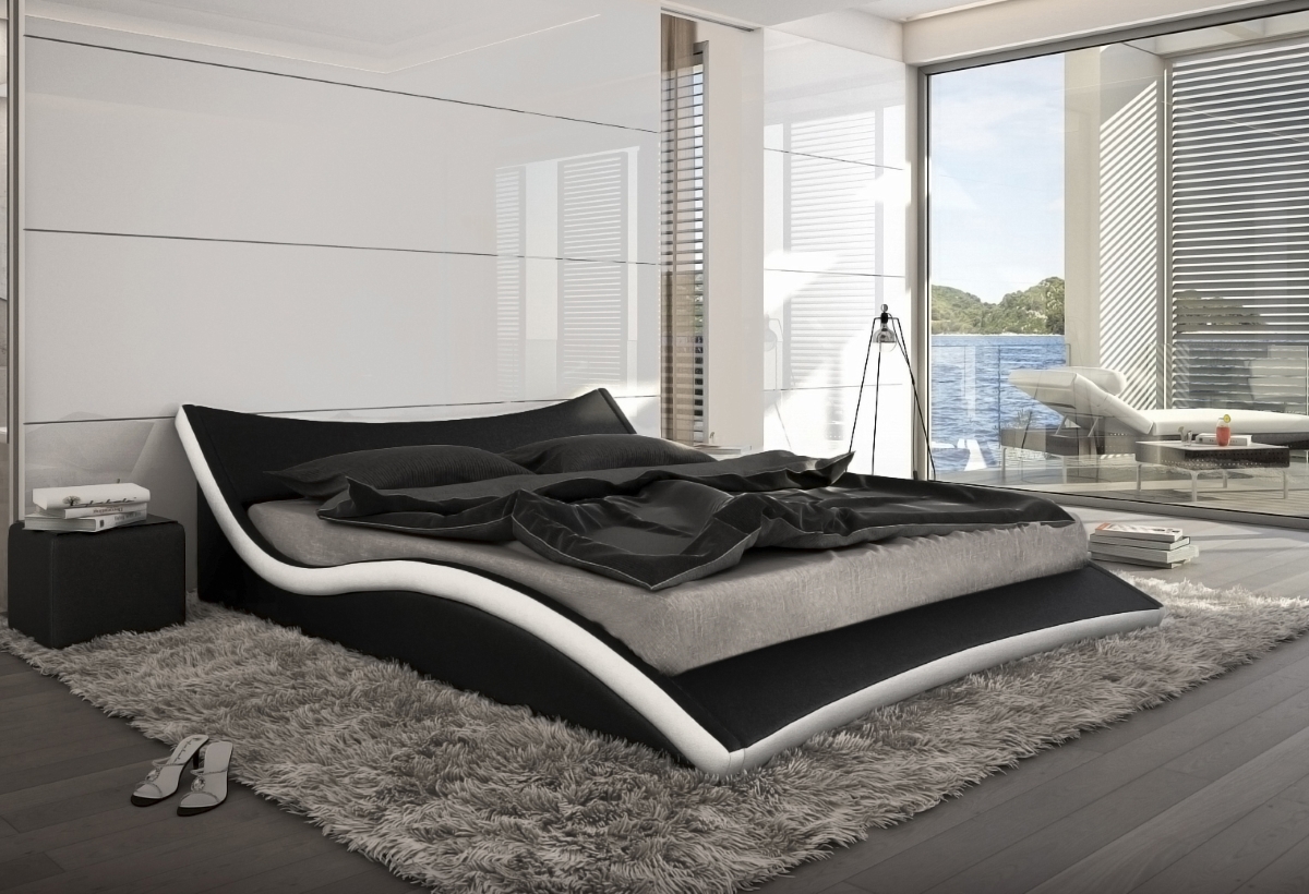 Designer Leder Bett Polsterbett Neapel Lederbett Schwarz Weiss