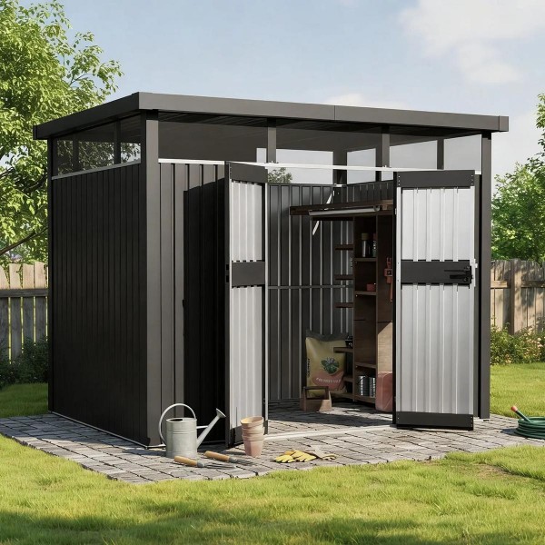 Metal garden house Lyon tool shed color anthracite 3 sizes for bicycles equipment tools lockable doors