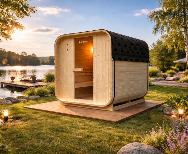 Outdoor wooden sauna barrel Cube Norwegen XXL 220x185 cm complete set with outdoor area 8 kW sauna heater and accessories for 4-5 people