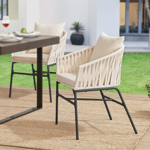 2er Set Gartenstühle Riga beige Sessel mit Sitzkissen Polster Balkonstühle Gartenmöbel Stuhl Gartenstuhl Stahl stabil Terrasse Garten Balkon