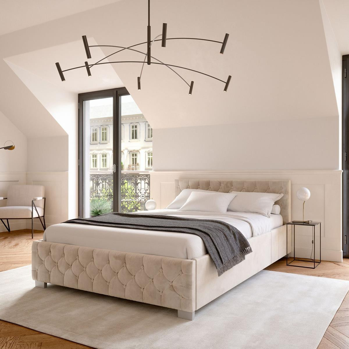 Designer Polsterbett mit Samt Bezug beige mit Bettkasten Lattenrost extra hohes Kopfteil 120 140 180 x 200 cm