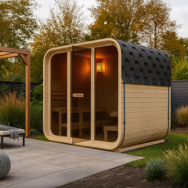 Outdoor Cubesauna Holz Sauna Finnland im Cube Design 228x180 cm Gartensauna Komplett Set mit Saunaofen 9 KW Ofen Zubehör Außensauna für 6 Personen
