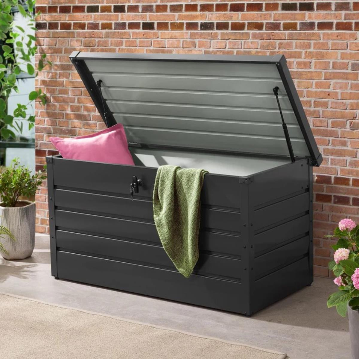 Outdoor Stahlbox 120 cm Kissentruhe 380 Liter Auflagenbox weiß anthrazit Box Aufbewahrungsbox für Kissen Polster Auflagen Werkzeug