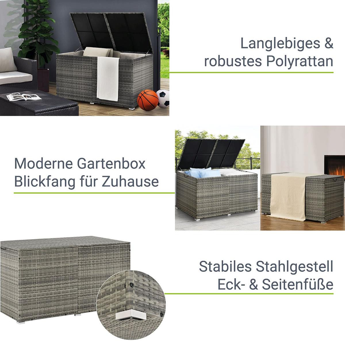 Rattan Box Kissenbox 950 Liter Rattanbox grau schwarz Aufbewahrungsbox Auflagentruhe für Kissen Polster Auflagen