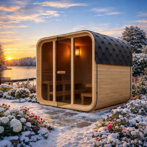 Outdoor Cubesauna Holz Sauna Finnland im Cube Design 228x180 cm Gartensauna Komplett Set mit Saunaofen 9 KW Ofen Zubehör Außensauna für 6 Personen
