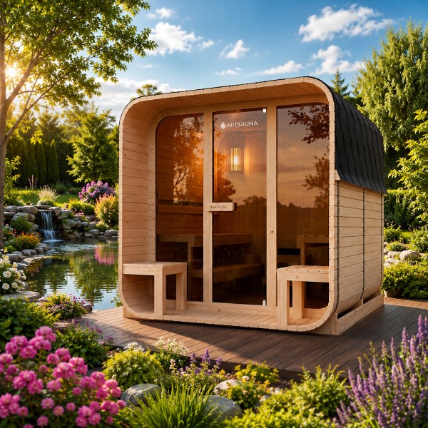 Outdoor Cube Sauna Wooden Sauna Finland XL with outdoor area in Cube Design 228x220 cm Gardensauna Complete Set with Sauna Heater 9 KW Accessories Sauna for 6 People