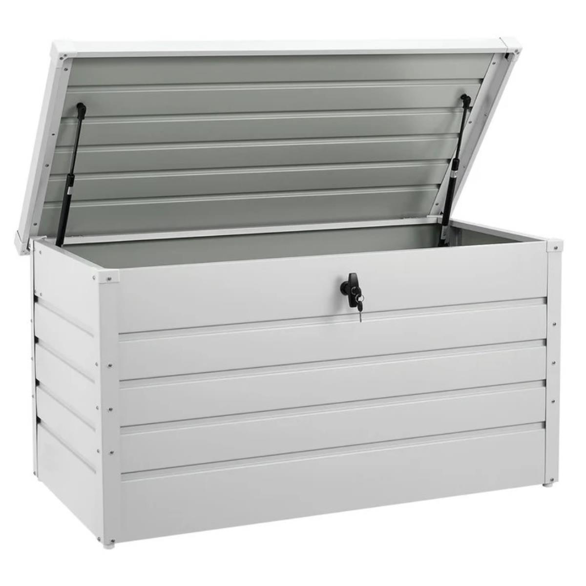 Outdoor Stahlbox 120 cm Kissentruhe 380 Liter Auflagenbox weiß anthrazit Box Aufbewahrungsbox für Kissen Polster Auflagen Werkzeug