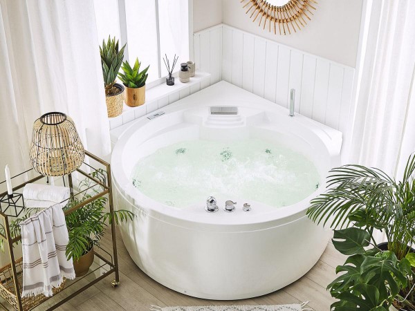 Whirlpool Badewanne Florenz runde Eckwanne mit 14 Massage Düsen Heizung Ozon Bluetooth Wasserfall LED