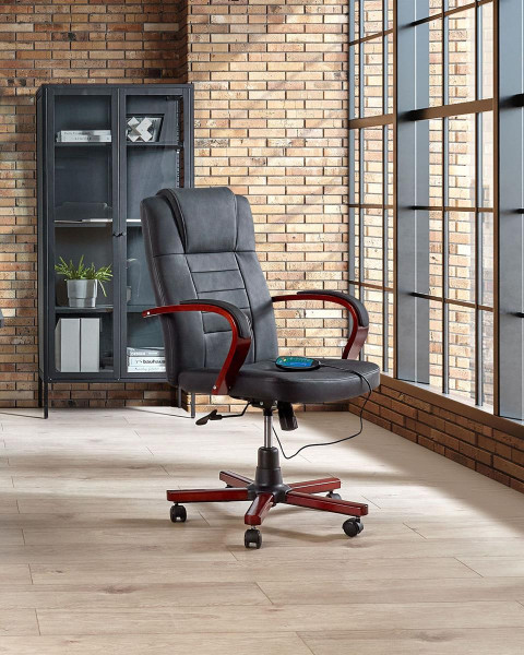 Leder Chefsessel Massagesessel &quot;San Diego&quot; mit Holz schwarz mit Massage + Sitzheizung Drehstuhl