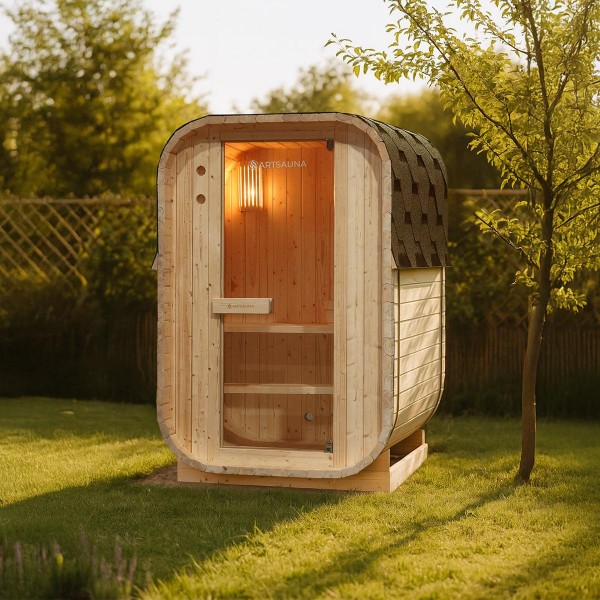 Outdoor Fasssauna Holz Saunafass Cube Norwegen S 120x128 cm Komplett Set mit Saunaofen 3,6 KW Ofen und Zubehör Sauna für 2 Personen