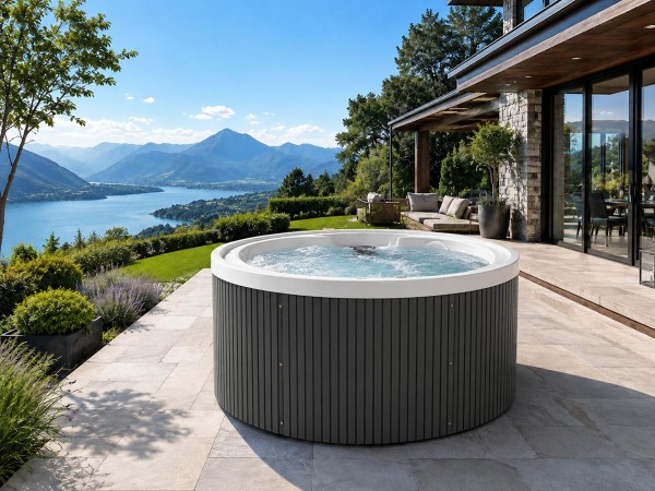 Round Outdoor Hot Tub Spa Menorca white grey 200 cm with 22 Massage Jets Balboa Control System Heater and Ozonator for 5 People