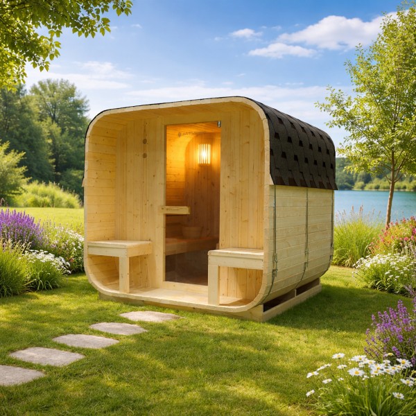 Outdoor Fasssauna Holz Saunafass Cube Norwegen XXL 220x185 cm Sauna mit Außenbereich Komplett Set mit Saunaofen 8 KW Ofen + Zubehör für 4-5 Personen