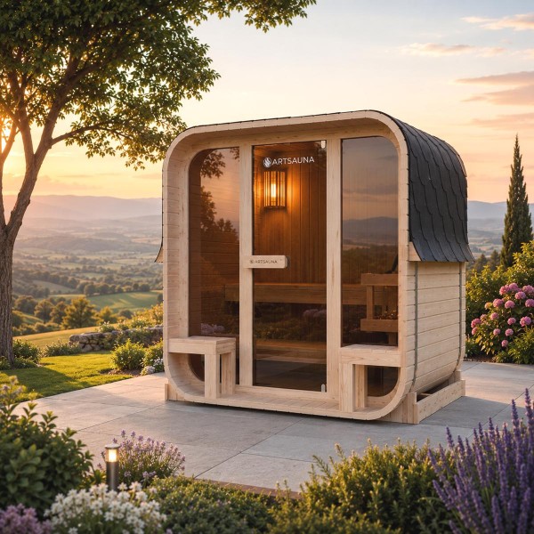 Outdoor Cube Sauna Wooden Sauna Finland XL with outdoor area in Cube Design 228x220 cm Gardensauna Complete Set with Sauna Heater 9 KW Accessories Sauna for 6 People