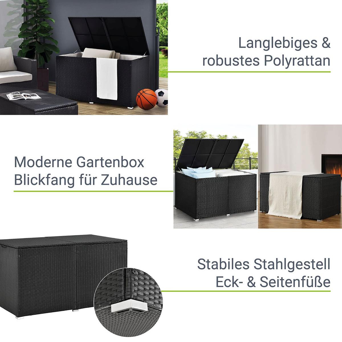 Rattan Box Kissenbox 950 Liter Rattanbox grau schwarz Aufbewahrungsbox Auflagentruhe für Kissen Polster Auflagen