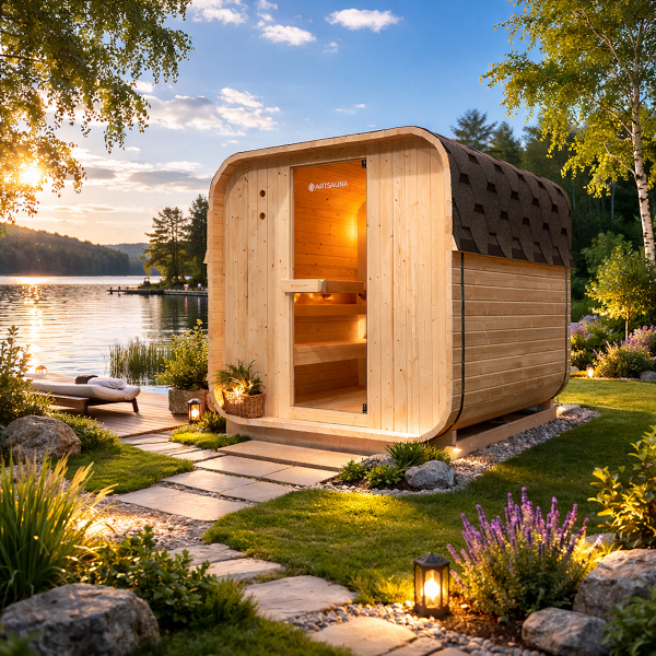 Outdoor Fasssauna Holz Saunafass Cube Norwegen L 180x185 cm Komplett Set mit Saunaofen 6 KW Ofen und Zubehör Sauna für 4 Personen