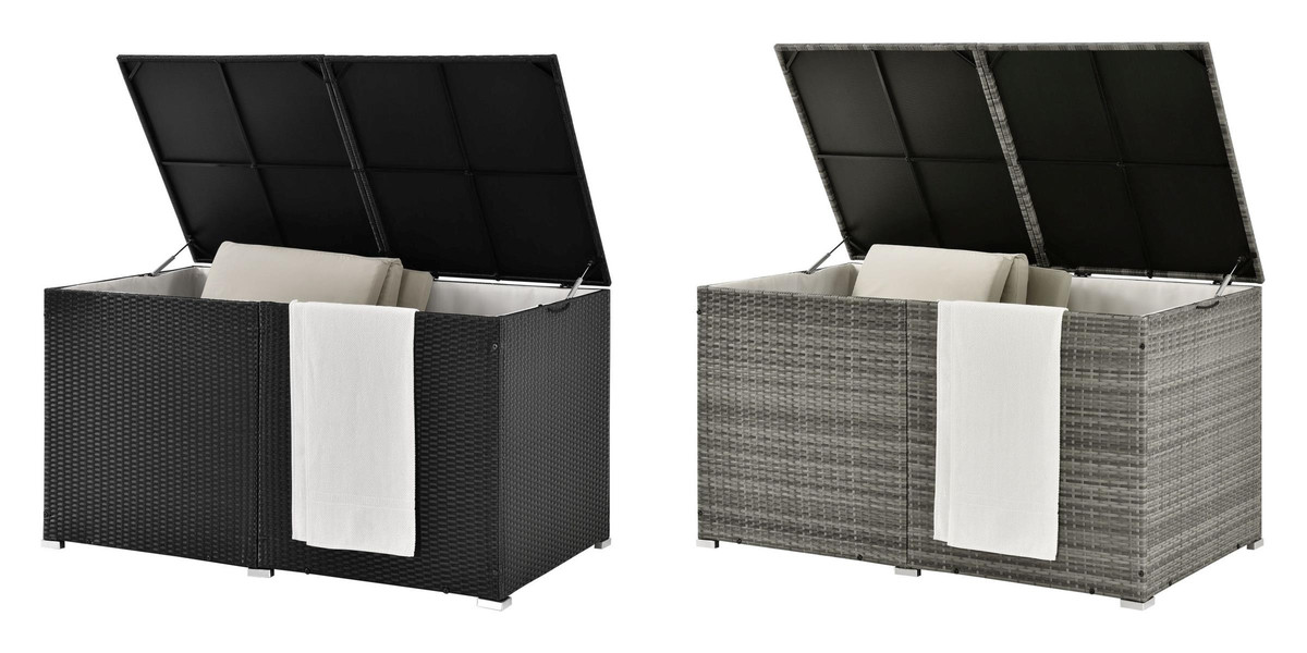Rattan Box Kissenbox 950 Liter Rattanbox grau schwarz Aufbewahrungsbox Auflagentruhe für Kissen Polster Auflagen