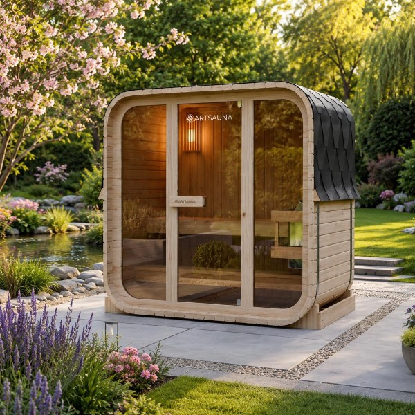 Outdoor Cube Sauna Wooden Sauna Finland M in Cube Design 192x120 cm Gardensauna Complete Set with Sauna Heater 3,6 KW Accessories Sauna for 3 People
